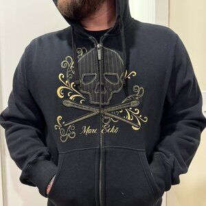 Marc Ecko cut-sew lable, embroidered hoodie with satin inner hood.  Well made.